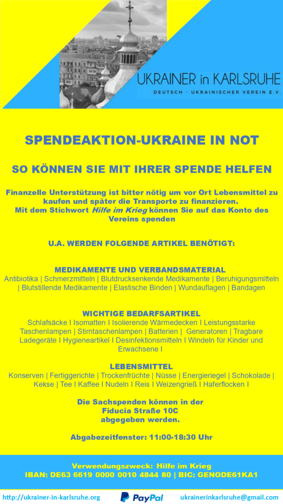Hilfe für die Ukraine. Spendenaufruf. Verein Ukrainer in Karlsruhe