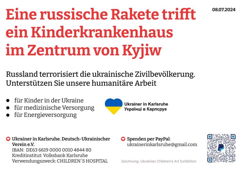 Russland terrorisiert die ukrainische Zivilbevölkerung. Unterstützen Sie unsere humanitäre Arbeit. Spenden Sie bitte. Verein Ukrainer in Karlsruhe